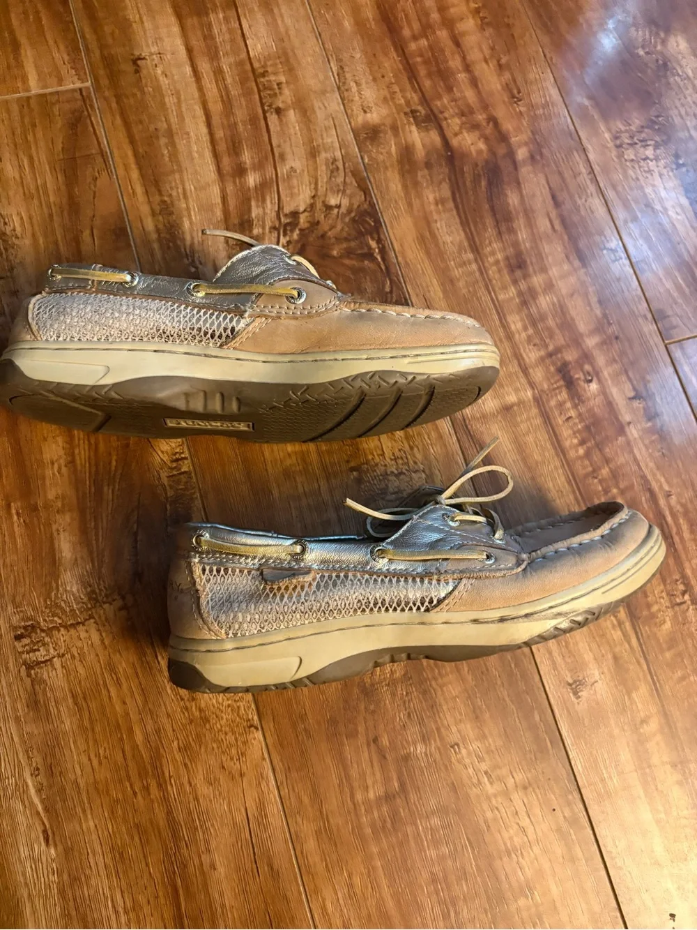 Sperry Kids Moccasin Boat Shoes in Light Brown with Gold Accents